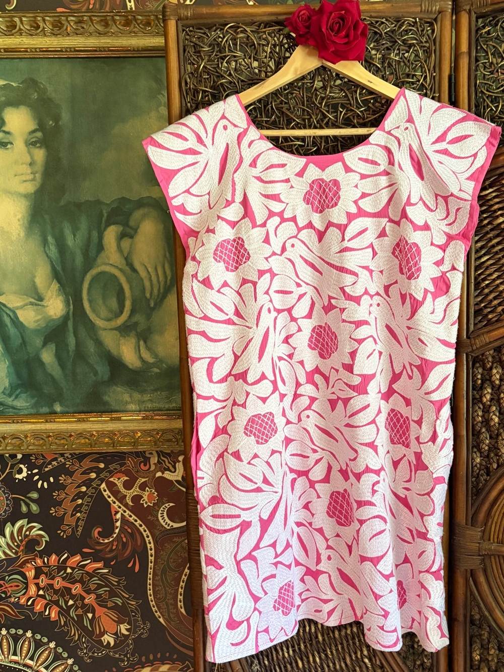 J. Marie Pink White Embroidered Bird Floral Shift Dress Small Palm Beach Resort